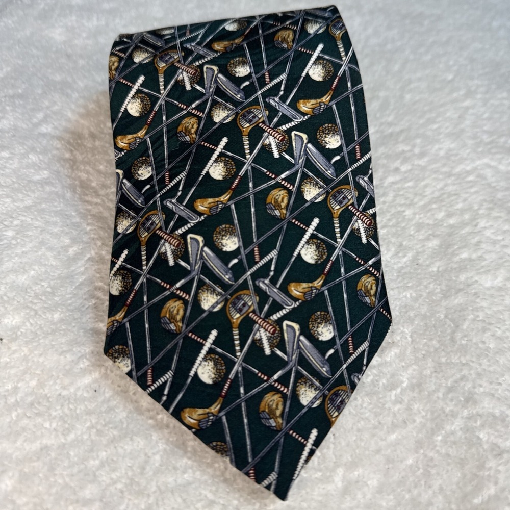 Crooks & Creed London Golf Tie 100% Silk Necktie Golf Clubs Balls Green Handmade